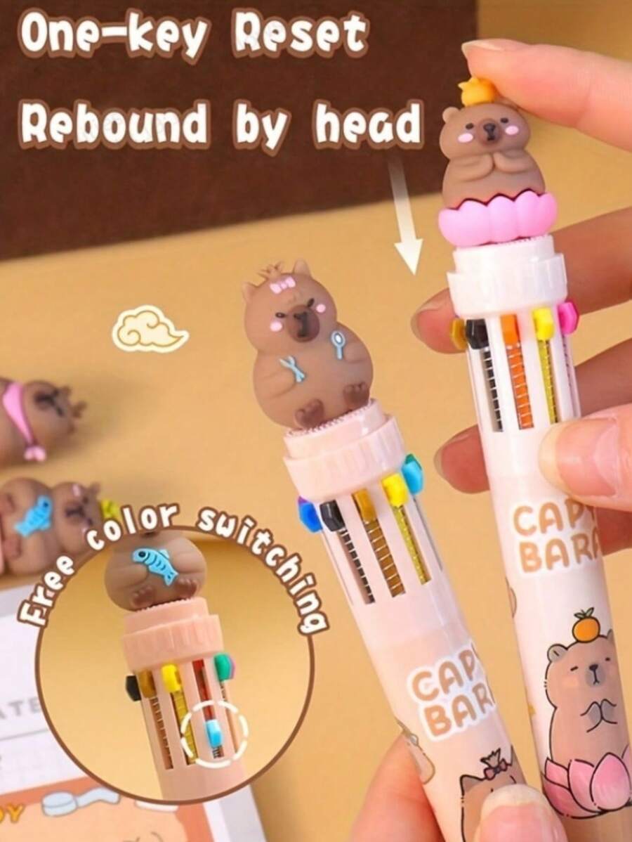 8支10色卡通熊按压圆形圆珠笔，多色按压笔，10色速干按压签名笔，书写工具，适用于学校用品，返校