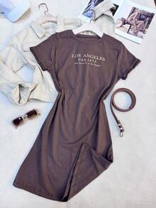 Women's Cotton Dress - 咖啡 - 查看 4