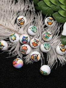 10 件随机款式 16 毫米亚克力白色底座印花彩色圆形猫头鹰珠带孔，DIY 手链项链笔装饰散珠配件，节日小礼物