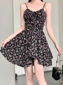 不对称碎花束腰黑色连衣裙，面料随机 - 藕粉色 - 查看 2