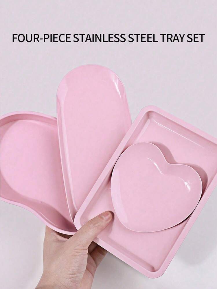 1pc Stainless Steel Disinfection Tray Set, Including Kidney Tray, Square Tray, Heart Tray, Oval Tray, Heat-Resistant Beauty & Nail Care Tools, Portable Disinfection Tray For Nail Salon - Pink - View 2