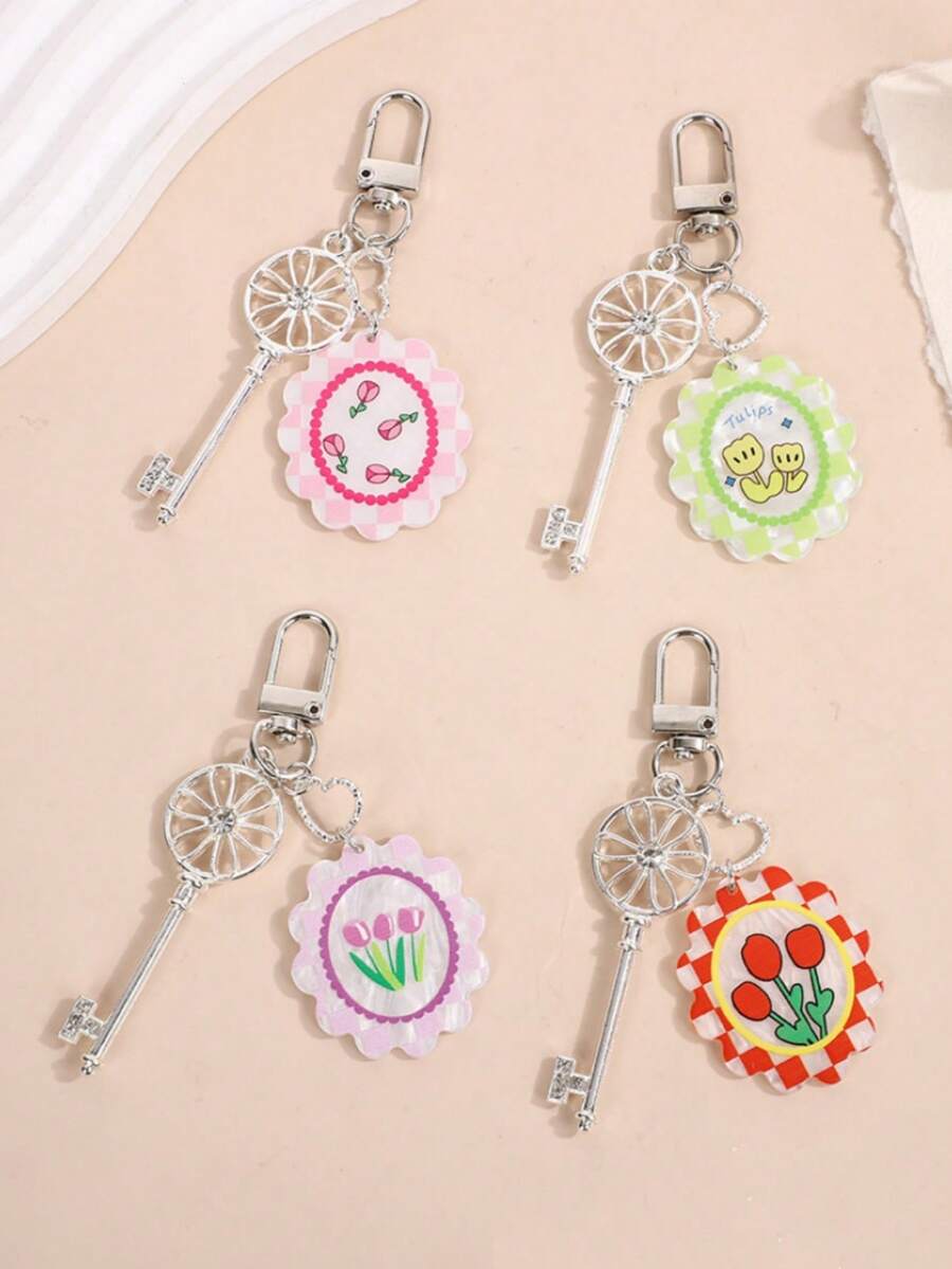 1pc Women's New Acrylic Cute Plaid Flower Keychain Pendant, Fresh And Fashionable Key Chain Accessory For Bag, Car Keys Car Accessories Goth Y2k - Multicolor - View 1