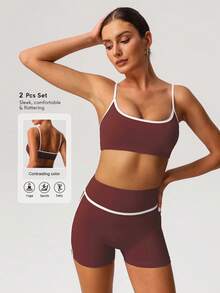 Sodalemon Women Workout Set Color Block Sport Bra No Front Seam Cycling Outdoor Fitness Shorts Gym Training Sport 2pcs Set - Red Violet - View 2