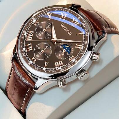 1 Đồng hồ nam dây da thạch anh mặt số La Mã ba mắt, thích hợp đeo hàng ngày, sinh nhật, làm quà tặng cho cô ấy, kỷ niệm, khuyến mãi cuối năm, ngày độc thân, khuyến mãi Halloween, không có hộp quà tặng