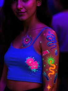 8 Sheets Y2K Glam Neon Glow Temporary Tattoos, Blacklight Body Art Stickers, UV Light Glow Tattoo Stickers, Perfect For Night Parties & Halloween, Assorted Designs For Music Festival And Party Body Make - Multicolor - View 3