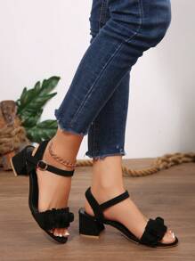 1 Pair Round Toe Floral Suede High Heel Sandals For Teenage Girls, 5cm Heel Height, Comfortable PU Non-Slip Wear-Resistant, Cute Princess Style Suitable For School, Party, Holiday, Spring/Summer