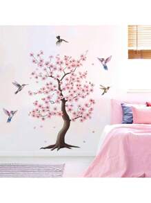 粉色花朵丛林蝴蝶鸟类可移除儿童房墙贴，适合女孩 - 自粘式儿童房装饰贴花，可重新定位粉色蝴蝶鸟花卉乙烯基墙贴，易于粘贴 - 彩色 - 查看 7