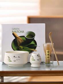 4pcs Sakura Ceramic Matcha Bowl Set, Includes Matcha Bowl, Chasen (Bamboo Whisk), Chashaku (Bamboo Scoop), Hishaku (Bamboo Ladle), Japanese Style Matcha Preparation Tools, Foaming Whisk, Lip Matcha Bowl, Traditional Japanese Matcha Tea Set, For Making Frothy Matcha Green Tea.