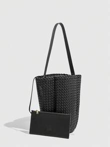 高品质手工编织奢华单肩包，简约水桶包带小袋，大容量手提包，质量有保证 - 彩色 - 查看 9