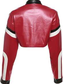 Women's Cropped Faux Leather Jacket Y2K Number Print Bomber Streetwear Short Moto Jacket Vintage Style - 紅色 - 查看 2