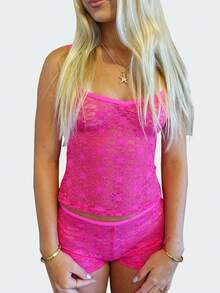 Lace Pajame Sets For Women 2 Piece Floral Sleeveless V Neck Cami Tank Top And Low Waist Elastic Shorts Set Y2K See Through Matching Lounge Sleepweer - 玫紅色 - 查看 3