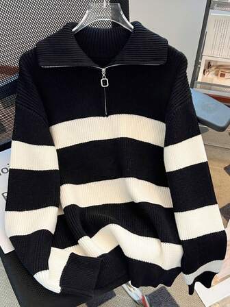 Autumn/Winter New Square Zipper Women Striped Knit Sweater, Fashion High-End Minimalist Cute Elegant Pullover Versatile