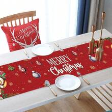 1pc Christmas Table Runner, Santa Claus & Candle Design, Polyester Material, 35x181cm, Winter Christmas Home Party, Dining Room & Living Room Table Decor, Indoor & Outdoor Tabletop Center Decoration