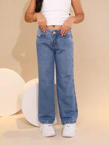 Girls' Wide Leg Jeans With Rhinestones - Stylish Girl 4 To 16 Years Old - 霧霾藍 - 查看 2