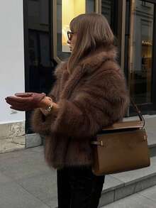 HH 女式冬季优雅纯色仿皮草效果长袖开衫外套女式休闲高街口袋外套 - 棕色 - 查看 7