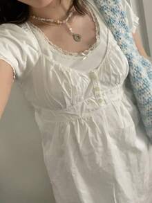Y2k Summer Tops For Women Cute Sweetheart Neck Crop Tops Solid Color Short Sleeve Pleated Hem Button-Up Slim Fit Blouse Babydoll Tee Casual Going Out Tops Streetwear Fairy Clothes - trắng - Xem 6