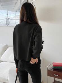 Cárdigan informal con botones de color sólido para mujer, suéter corto de manga linterna retro de otoño e invierno, adecuado para ocasiones diarias en primavera y otoño. - Negro - Ver 2