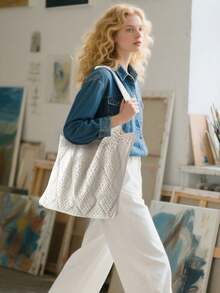 Minimalist Crochet Hollow Design Vacation Luxury Large Crochet Hollow Handbag - Spacious Woven Shoulder Bag, Backpack, Large Capacity, Portable, Suitable For Teenage Girls, College Students, Office Workers, Perfect For Work, Back To School, Middle School, High School, College, Vacation Backpack, Portable, Lightweight, Classic Casual, Suitable For Teenage Girls, Vacation, Holiday, Outdoor, Travel, Outdoor, Perfect For Back To School, College, High School, School, Beach And Travel Adventure - Multicolor - View 4