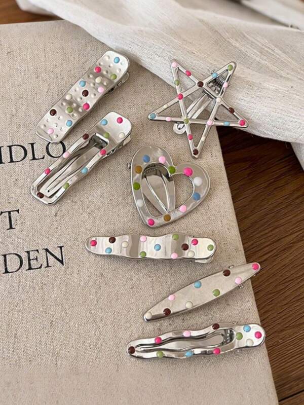 7pcs Colorful Dotted Silver Metal Hair Clips, New Korean Style Cute Sweet Bangs Clips, Suitable For Daily Wear, Shopping And 10 Other Occasions