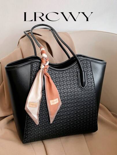 Elegant Tote Bag, Shoulder Bag, Fashionable Crocodile Embossed Charm, Sophisticated Scarf, Business Office, Large Capacity, Coffee Color