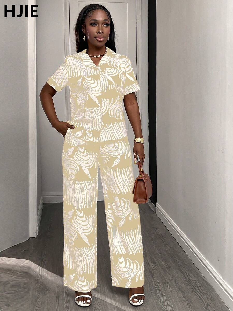 女士两件套西装秋季套装不对称印花短袖衬衫+裤子舒适休闲工作服日常装毕业装