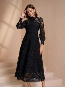 Elegant Stand Collar Long Sleeve Women's Chic Slim Fit Dress, Sophisticated Style