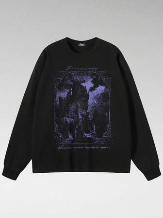 Tiny Spark Men Black Tee Shirt Long Sleeve Scary Castle Graphic , Fall