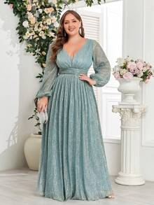 Vestido formal de manga larga con mangas farol y aplicaciones de lentejuelas para mujer de talla grande, elegante para baile de graduación, cena y boda