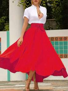 European And American Women's Fashion Solid Color Flared Waist Belt Skirt - Đỏ - Xem 1