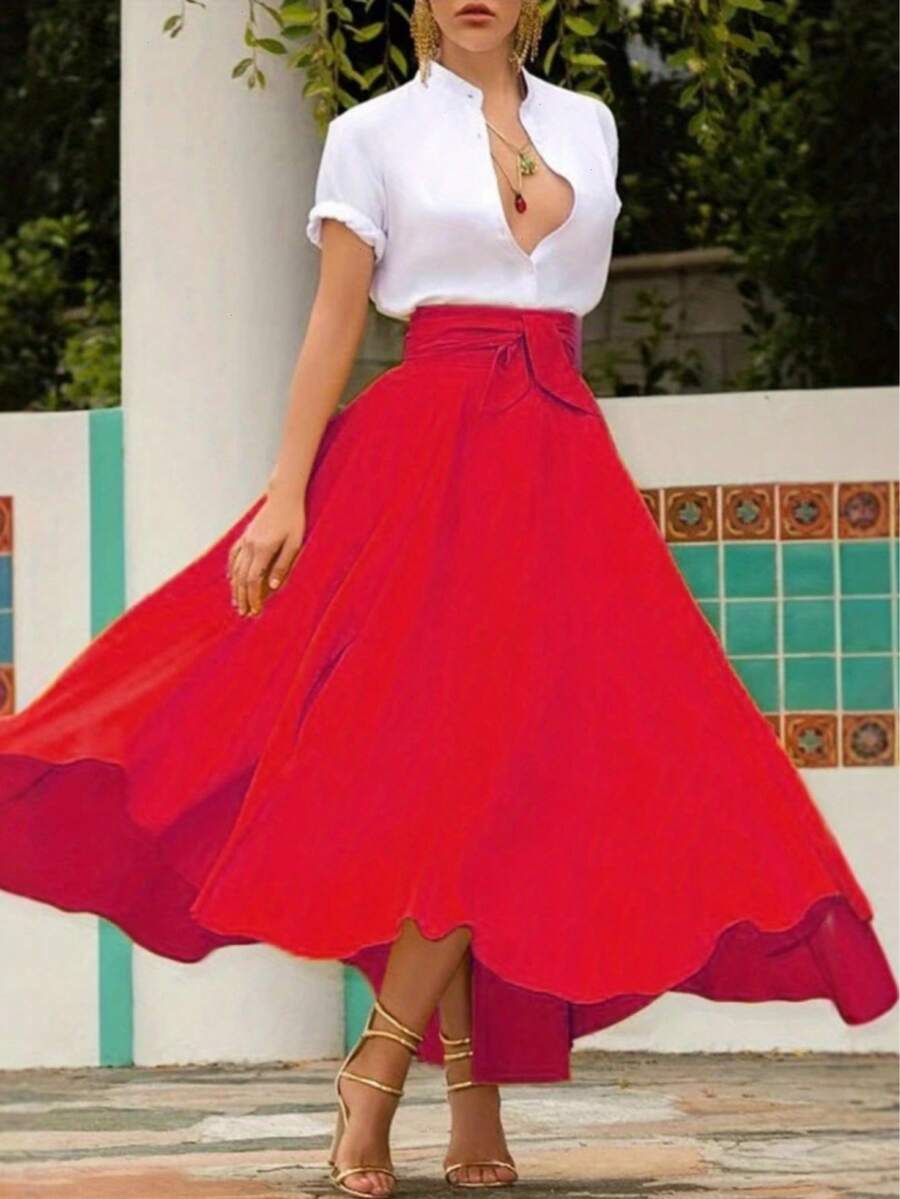 European And American Women's Fashion Solid Color Flared Waist Belt Skirt - Đỏ - Xem 1
