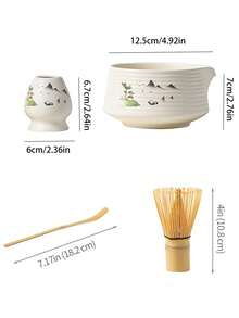 4pcs Sakura Ceramic Matcha Bowl Set, Includes Matcha Bowl, Chasen (Bamboo Whisk), Chashaku (Bamboo Scoop), Hishaku (Bamboo Ladle), Japanese Style Matcha Preparation Tools, Foaming Whisk, Lip Matcha Bowl, Traditional Japanese Matcha Tea Set, For Making Frothy Matcha Green Tea.