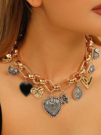 1pc Vintage Creative Design Alloy Micro-Inlaid Zirconia Multi-Style Heart Pendant Women Necklace