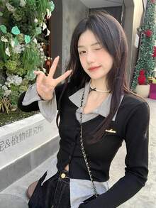 全新弹力拼色拼接 Polo 领黑色二合一女式秋季汗衫，秋季服装