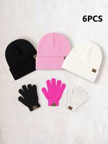 6pcs Solid Color Knit Hat + Solid Color Fingerless Gloves (6-Piece Set), Boys/Girls Outdoor Windproof Casual Winter Cold-Proof Hat Suitable For Daily Wear - Black+White+Pink - View 5