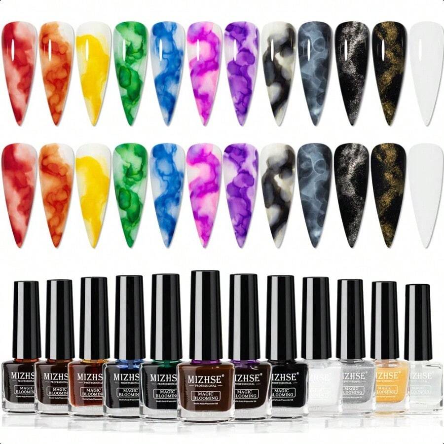 12PCS Marble Nail Polish Blooming Gel Marble Ink For Nails Gold Blue Purple Nail Ink Watercolor Magic Blossom Gel Nail Polish For Nail Salon Home DIY-0345 - A-12經典顏色 - 查看 1