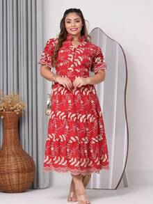 Women's Fashion Midi Dress In 3D Laise Fabric And Smooth With Elastex On The Back And Button On The Front And Lining - 3d雙色葡萄酒 - 查看 2