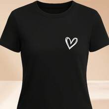 Camiseta Básica Feminina  Coração Fofo 100% Algodão Várias Cores - Preto - Visão 2