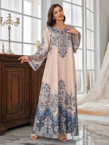 Abito con stampa grafica, scollo a V e maniche a campana