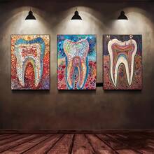 3 件无框牙科种植体水彩画布画牙科艺术海报牙医解剖印刷壁画医院诊所装饰无框，2D 平面印刷海报，无框画 - 彩色 - 查看 4