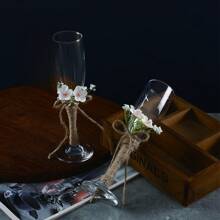2pcs Champagne Flute Set, Wedding Toasting Glasses, Linen Rope & Flower Couple Wine Glasses, Suitable For Wedding, Engagement, Bachelor/Bachelorette Party And Other Gatherings