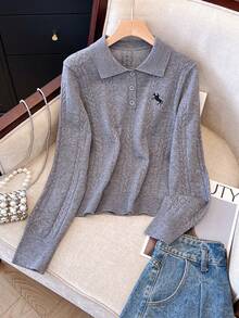 Cárdigan de punto bordado para mujer, diseño de button delantero con decoración de parche, ideal para otoño/invierno, trabajo y uso casual, Top de manga larga, blusas para mujeres, atuendos festivos, ropa, outfits para salir, top de ganchillo, dinero viejo, prendas de mujer desfalleciente, otoño, vuelta al colegio, desgaste de oficina para las mujeres