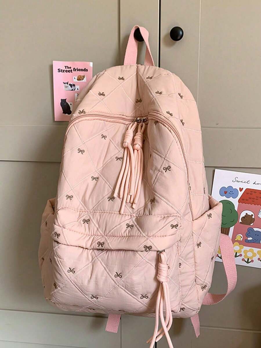可爱蝴蝶结褶皱背包,蝴蝶结印花背包,柔和女孩校园风格,大容量可折叠轻便多口袋拉链背包,适合外出、旅行、购物,可容纳笔记本电脑和教科书,大容量,适合青少年、初中/高中、大学生、日常通勤、户外旅行、学生礼物、春季旅行必备 - 粉色 - 查看 1