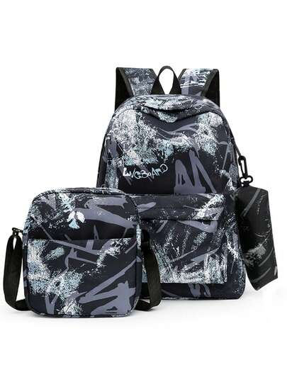 男士新款涂鸦运动休闲旅行组合背包、斜挎包、小包