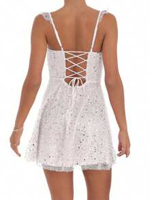 Vestido de tirantes para mujer, vestido mini de verano con espalda descubierta, lazo y lentejuelas brillantes en corte evasé - Blanco - Ver 6