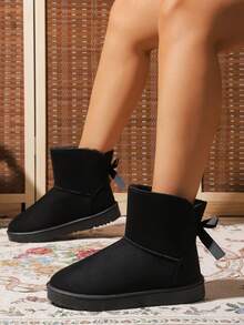 1 Par de Botas Curtas para Adolescentes, Botas de Neve Quentes para Meninas com Decoração de Laço, Tecido de Camurça com Forro Térmico, Bico Redondo e Salto Baixo, Botas de Neve Casuais e Quentes para Uso Diário no Inverno - Preto - Visão 2