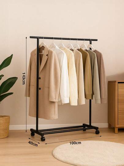 Prosty wieszak na ubrania z kółkami ułatwiającymi przesuwanie, stojący na podłodze, składany, balkonowy wieszak na ubrania z jednym drążkiem, wieszak na ubrania do sypialni