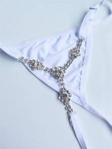 Cadena de cintura de bikini de rhinestone sexy para mujeres con cadena de tanga en forma de flor - Plateado - Ver 6