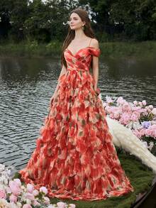 Faeriesty Vestido de noche de lujo con hombros descubiertos, tirantes finos y detalle de lazo en la espalda - Falda formal de línea A con volantes escalonados para galas de etiqueta negra, estrenos de ópera, bodas de lujo, eventos de alfombra roja, cenas de lujo - Rojo - Ver 6