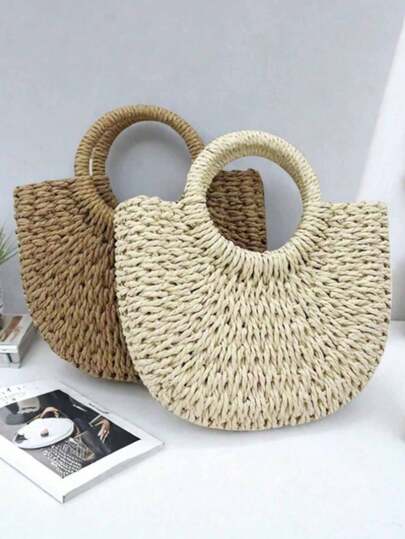 1 pieza Bolso tejido a mano, Bolso de paja retro, Bolso de cuerda de papel, Bolso de tote casual de medio círculo, Bolso de playa, Bolso de mujer de estilo callejero, Cesta de compras, Bolso multifuncional de vacaciones en la playa