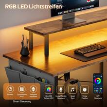 HLONONE Escritorio en forma de L con LED y enchufes, 110 x 80 cm, escritorio de esquina con estante, escritorio de computadora con soporte para monitor y bolsa de almacenamiento, mesa de juego en forma de L para oficina en casa. - Marrón retro - Ver 8